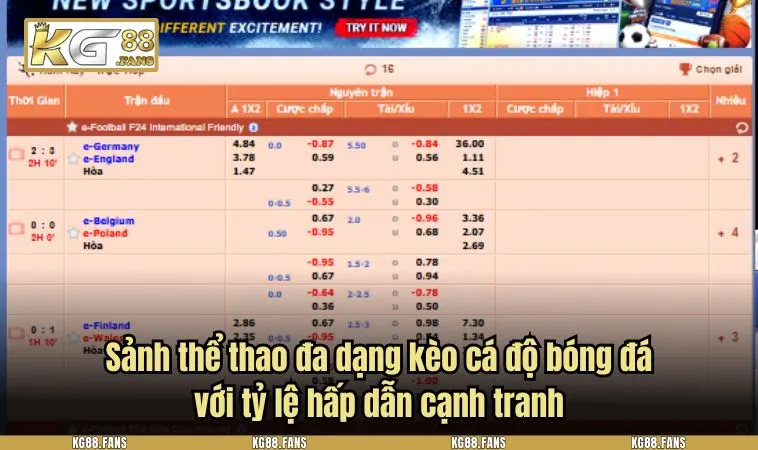 the thao kg88 2 Sảnh thể thao đa dạng kèo cá độ bóng đá với tỷ lệ hấp dẫn cạnh tranh